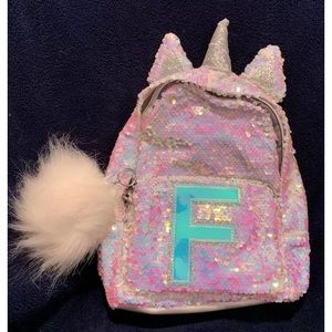 NWT Justice Unicorn Flip Sequins Mini Backpack Initial “F” Silver